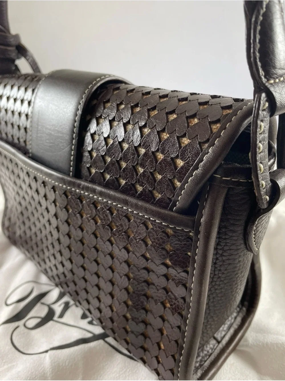 Brighton East West Leather Heart cut out woven Crossbody Bag - Dark Brown